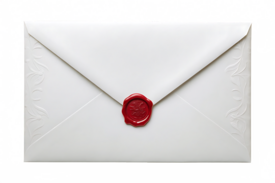 White envelope with red wax seal isolated on a white background