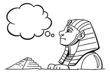 An ancient egyptian sphinx looks up at a thought bubble with a pyramid in the background isolated on white background