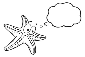 Cartoon starfish with a thought bubble isolated on white background