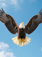 Bald eagle flying in blue sky