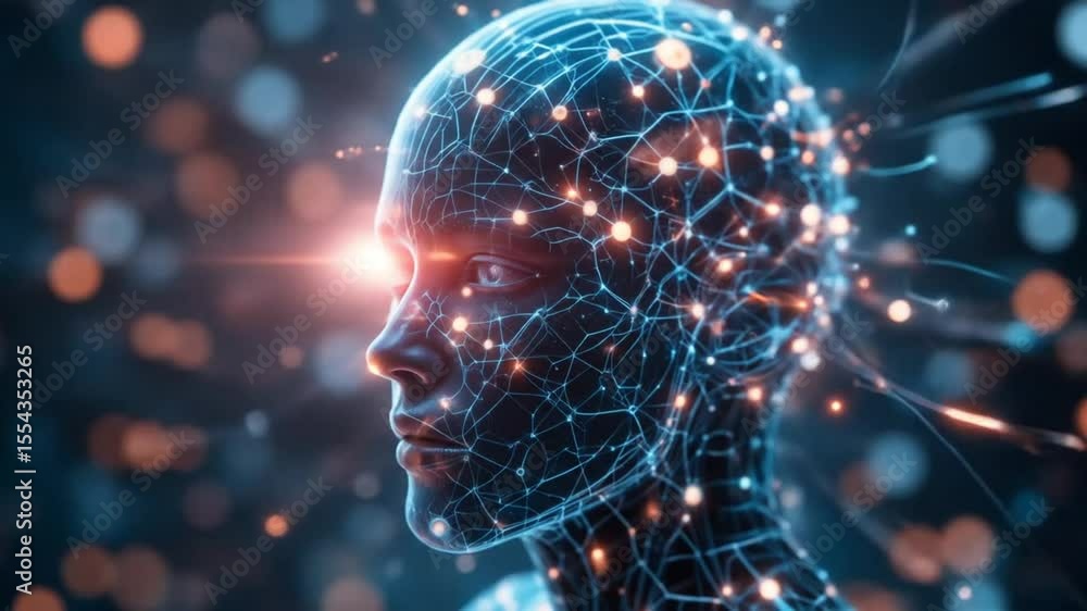 Poster digital human head with glowing neural network, artificial intelligence concept, machine learning. a