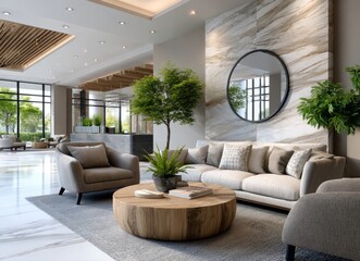 Obraz na płótnie Canvas A modern hotel lobby with a brown and beige sofa with armchairs, white floor tiles, a wooden shelf in the background