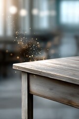 Obraz premium Playful dust particles dance above a wooden table in a cheerful indoor setting