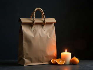 Recycled cardboard bag with jute handles, candle, dried oranges, AI-generated