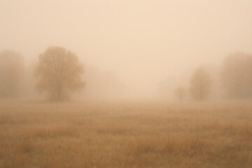 Fototapeta premium Misty Autumn Landscape with Foggy Grassy Field – Serene and Ethereal Nature Scene