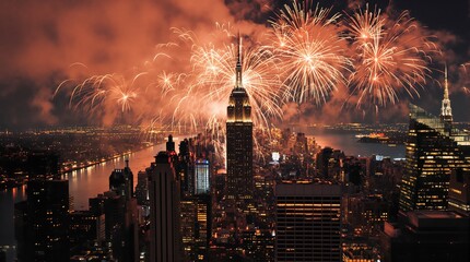 Cityscape view of New York fireworks display