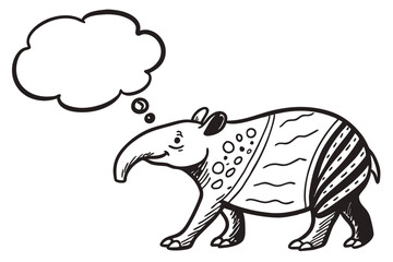 Cartoon tapir with a patterned body is thinking with a thought bubble isolated on white background