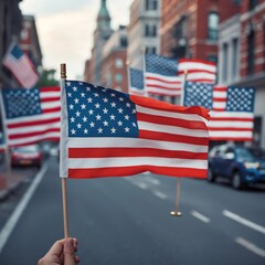 American flags in urban cityscape