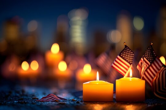 Memorial Candles and American Flags Honoring 9/11 Remembrance