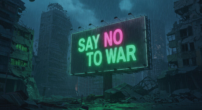 Anti war message on neon billboard - Powered by Adobe