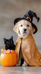 halloween pet costume fashion puppy wearing wizard cloak with black cat in matching hat beside pumpkin candy bucket, overhead fill light and warm floor bounce