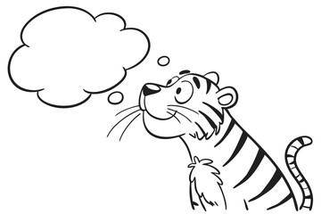 Cartoon tiger with a thought bubble isolated on white background showcasing its dreams and ideas in a whimsical and playful illustration
