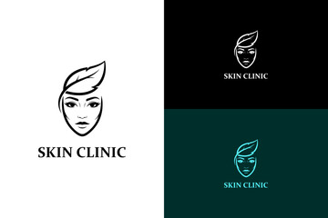 female face with one elegant leaf illustration, icon, minimal, vector logo for skin doctor, glowing skin, skincare, beauty, skin doctor, skin specialist, dermatology, skin clinic, and more