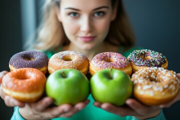 Woman on a diet for good health: Close-up of a female pushing away her favorite donut and choosing healthier options, like green apples and vegetables, for improved health., Generative AI