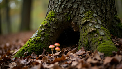 Obraz premium Oak tree roots with moss and mushrooms growing in autumn leaves 