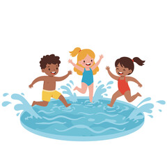  Three Kids Playing Water Tag in Round Pool, Flat Vector