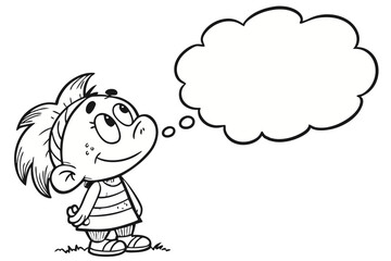 Cartoon girl with a thought bubble looks up isolated on white background