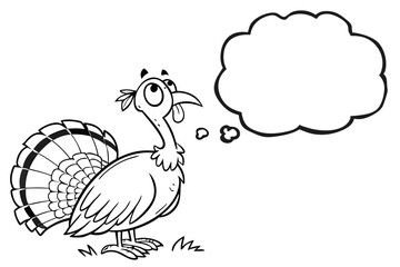 Cartoon turkey with a thought bubble looks up isolated on white background