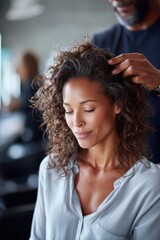 Stylish African American hairstylist working on clients perm in vibrant salon environment