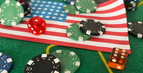 Casino. Gambling in the United States. poker chips, usa flag on blackjack table
