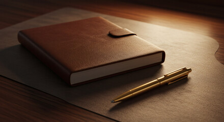 Luxurious Brown Leather Notebook and Gold Pen on Desk Elegant Workspace Business Concept