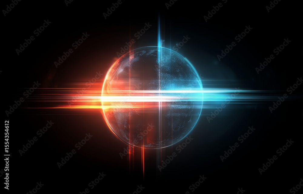 Poster the globe is illustrated in an abstract form, surrounded by dynamic trails that convey a sense of ve