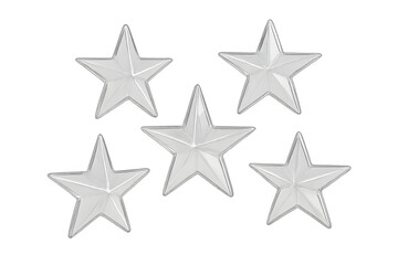 Five silver shining stars on transparent background represent achievement, success, quality, rating and excellence