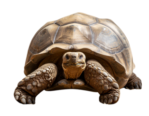 Giant Tortoise Resting Under Tree Shade with Head Slightly Raised, top-front angle, isolated on transparent background