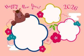 写真3枚入れられるウマと梅の花の2026年午年年賀状デザイン　オレンジ背景