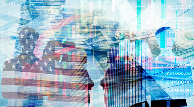American business and finance concept. Economic growth analysis and investment trading market success. Digital economy. United States financial markets. Investment trends, and wealth generation.