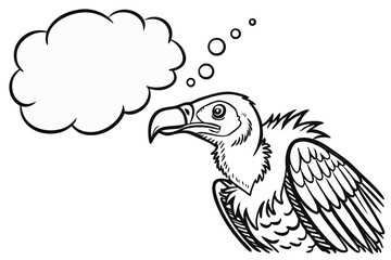 Cartoon vulture with a blank thought bubble isolated on white background in a simple black and white drawing style