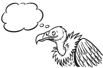 Cartoon vulture with a blank thought bubble isolated on white background in a simple black and white illustration