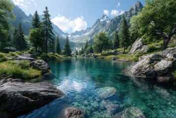 The emerald green lake water of the crafted hot spring pool is crystal clear, surrounded by dense grass and trees