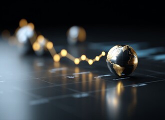 The image is a double exposure of a globe merged with a financial graph, presented in a modern digital format with a predominantly blue and gold color scheme, signifying global economy and
