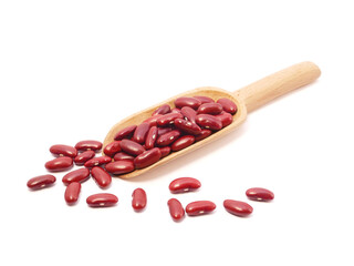 Red kidney beans in wooden scoop isolated on white background