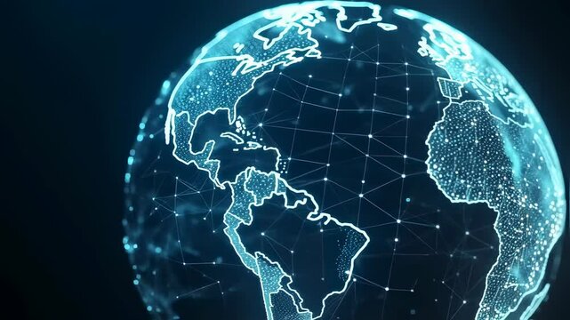 Digital earth globe with glowing blue network connections. World map with illuminated continent outlines. Global communication and international data exchange concept