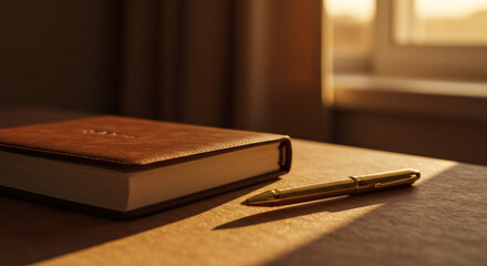 Luxurious Leather Journal and Gold Pen on Desk Warm Sunlight Closeup