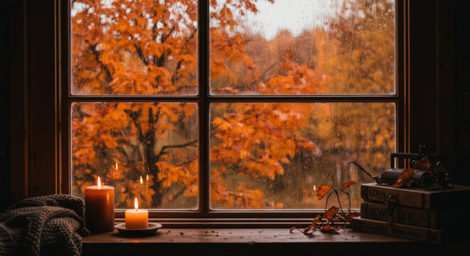 Fototapeta Autumn leaves through window warm colors