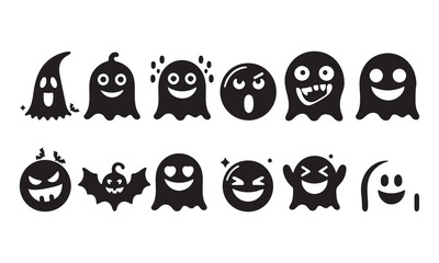  Halloween funny spooky emoji ghost silhouette set. perfect for halloween and festive design Vector illustration 