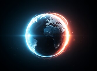 Vibrant orange and blue energy lines swirling around an abstract globe set against a dark background form a futuristic digital design