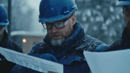 Construction workers examining blueprint in winter snowfall. Men in blue hard hats reviewing building plans on construction site at dusk. Engineering supervision concept - Powered by Adobe