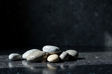 Scattered natural stones on matte black surface with soft light, AI-generated