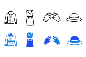 Clothes line and flat icons set. Woman and man clothes and accessories collection. Fashion wardrobe. Editable Vector illustration. 