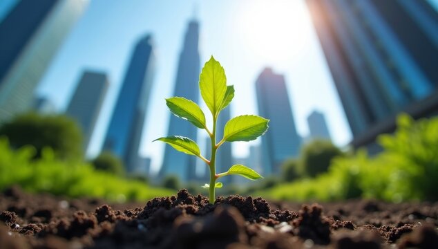 Small plant sprouts from soil in front of modern glass skyscrapers. Eco-friendly corporate initiative. Sustainable growth concept. Leadership strategy for companies. New eco business model. Urban
