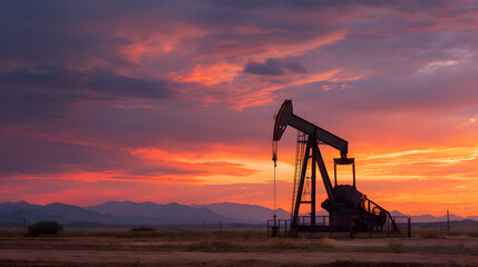 Naklejka premium An oil pump jack operates against a stunning desert sunset, showcasing the contrast of industry and natural beauty in the dusky sky