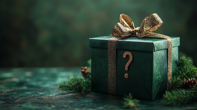 A beautifully wrapped green gift box with a golden ribbon and question mark, surrounded by festive greenery