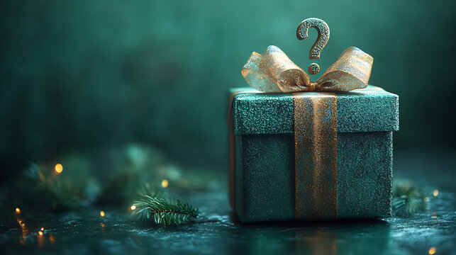 Mysterious gift box with a question mark, surrounded by festive greenery and soft lights