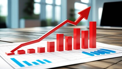 In a contemporary office, bold stacked bar graphs and red downward arrows illustrate a financial infographic, highlighting market trends and performance data