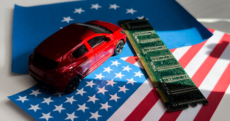 US flag on Computer Chips for Chip War Concept. USA Global chipmakers. Microchip on Motherboard...