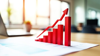 In a contemporary office, bold stacked bar graphs and red downward arrows illustrate a financial infographic, highlighting market trends and performance data